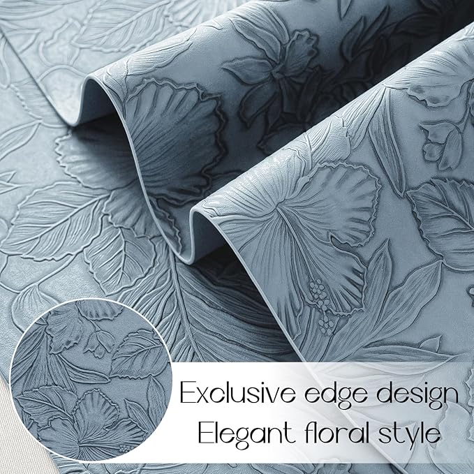 Romanstile Vinyl Placemats Set of 4-12 X 17 Inch - Heat Resistant Non-Slip Embossed Floral Place Mats 100% Waterproof Oilproof Wipeable Faux Leather Table Mats for Kitchen/Dining/Party, SkyBlue