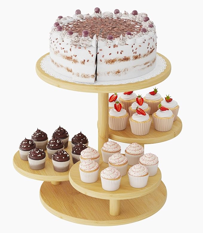 Cupcake Stand, 4 Tier Round Bamboo Wood Cupcake Tower Stand for 50 Cupcakes, Tiered Serving Trays, Wood Cake and Cupcake Stand (Natural_Bamboo)