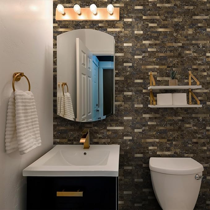 20 Sheets Peel and Stick Backsplash for Kitchen, Rust Slate with Metal Gold Look Stick on Tile Upgrade Your Kitchen Backsplash, RV, Fireplace