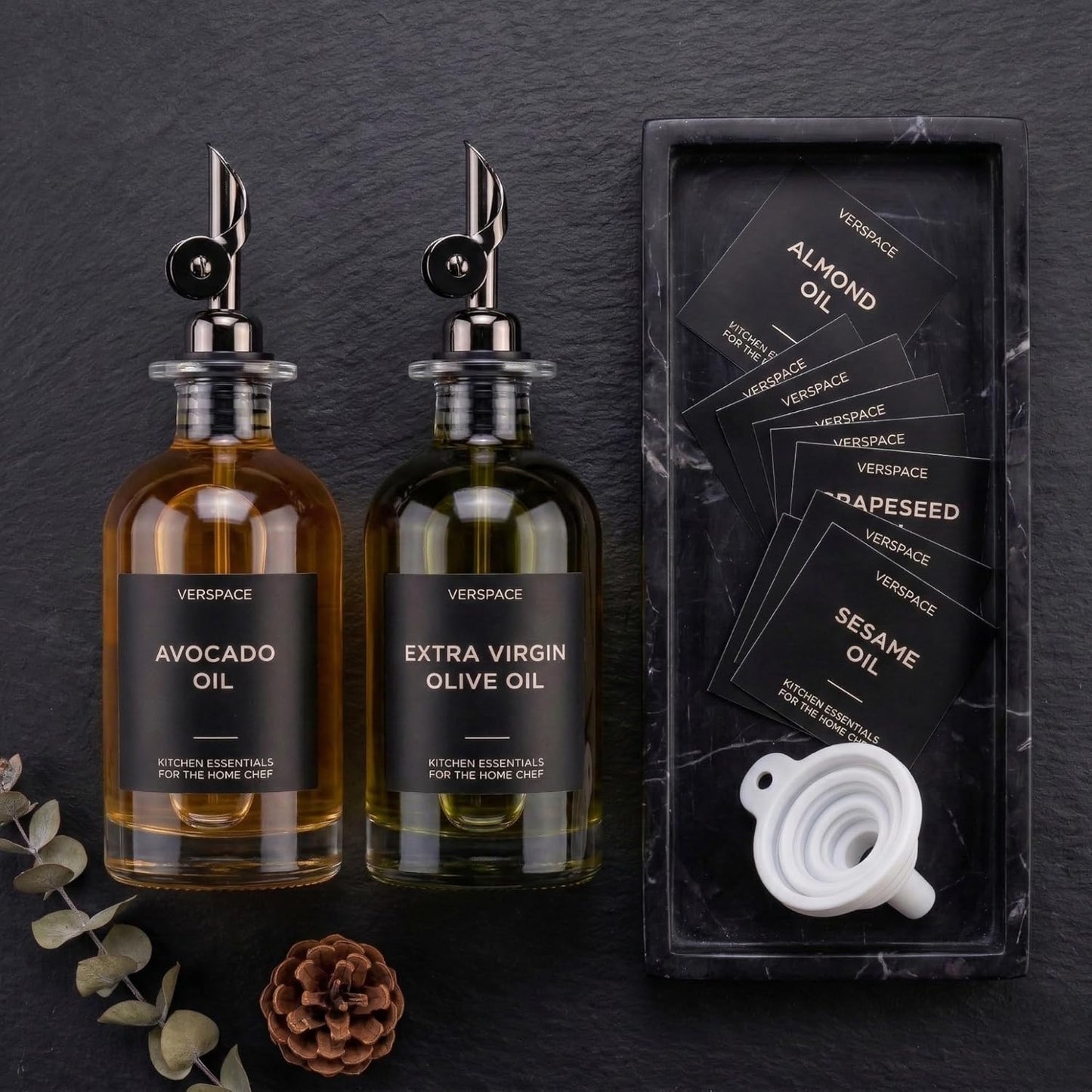 Clear Glass Olive Oil Dispenser Bottles For Kitchen With Silicone Tray & 40 Labels, Soy Sauce Dispenser, Coffee Syrup Dispenser, Olive Oil Bottles Set Of 2, Black