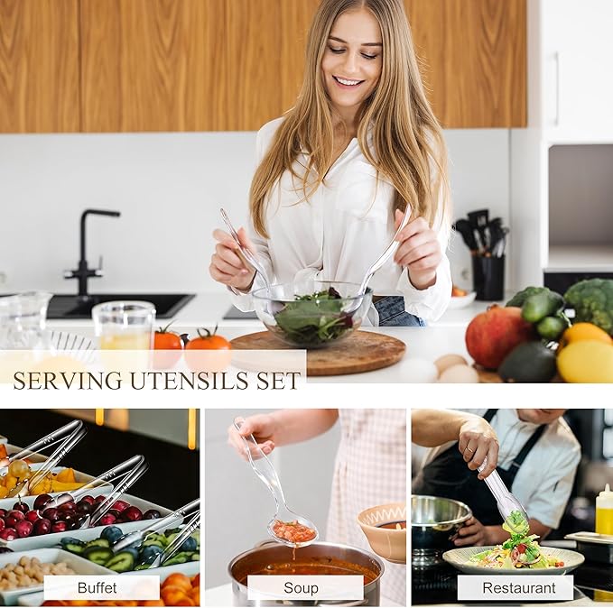 Mwellewm 24Pcs Plastic Serving Utensils 9'' Disposable Serving Spoons for Buffet Clear Forks Serving Tongs Heavy Duty Large Party Utensils Supplies for Restaurant Food Dinner Salad Noodles Soup