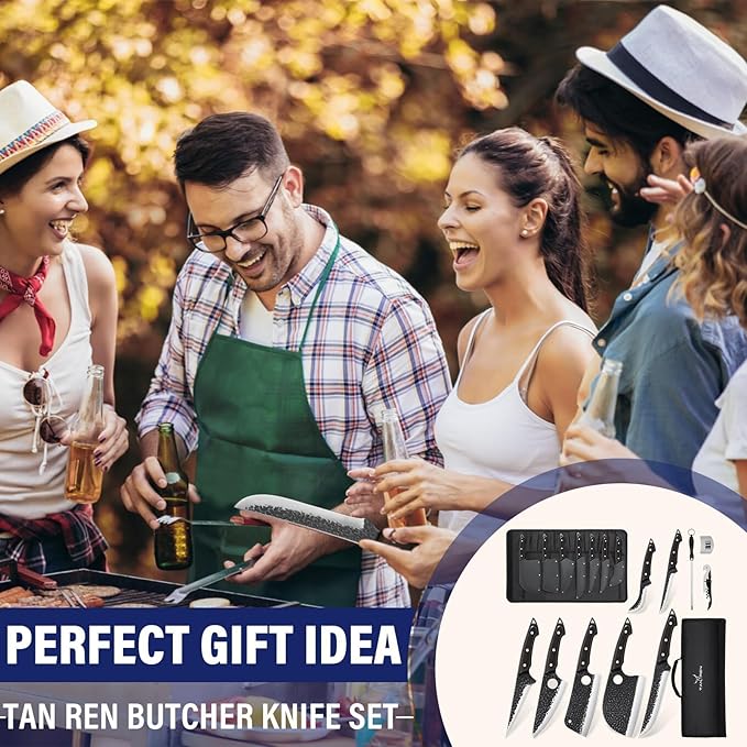TAN REN Butcher Knife Set for Meat Cutting, 7PCS Professional Serbian Chef Knife Set with Bag, Hand Forged Viking Kitchen Knives, Christmas Gifts for Men
