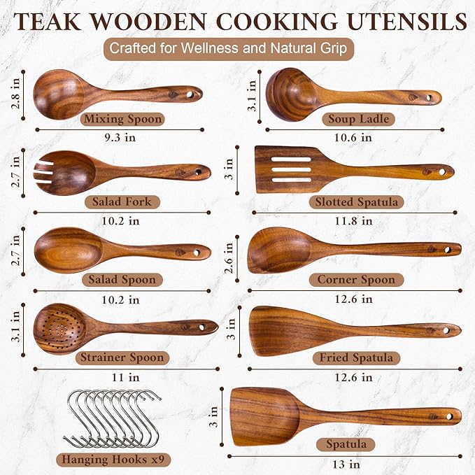9 Piece Wooden Spoons for Cooking, Natural Teak Wooden Utensils Set, Handmade Wood Kitchen Utensil Set with Hooks, Durable Nonstick, Comfort Grip, Heat Resistant Wood Cookware Tool