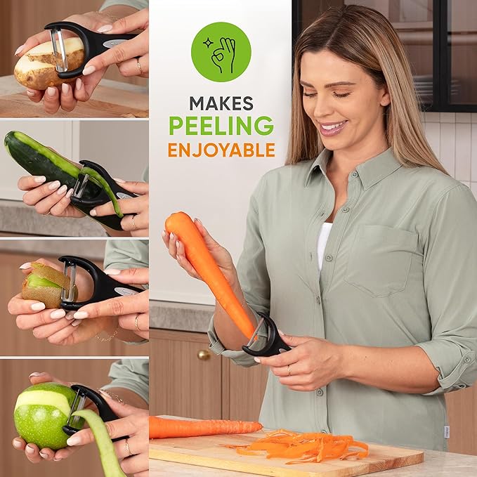 Spring Chef Swivel Vegetable Y Peeler with Sharp Stainless Steel Blades, Set of 2 & Premium Lemon Zester (Fine Grater) with Handle - 3 Product Bundle - Black
