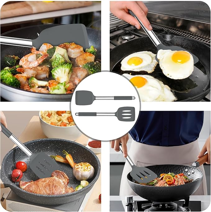 TeamFar Kitchen Utensils, 4PCS Heat-proof Silicone Cooking Utensils Set Slotted Spatula Solid Turner Spoon with Stainless Steel Handle, for Non-stick Cookware Flipping, Frying, Draining – Gray