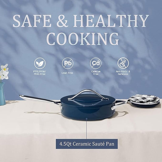 CookinCraze Nonstick Ceramic Sauté Pan w/Lid (4.5 qt, 11") Deep Frying Pan for All Cooktops Non Toxic Skillet PTFE/PFOA/PFAS Free, Even Heat Distribution Stainless Steel Stay-Cool Handle, Navy Blue