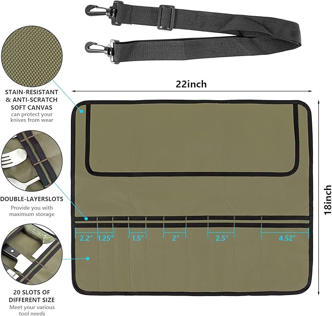 EHRGK Knife Roll,Heavy Duty Knife Bag,Oxford Knife Case with 20 Slots for Knives & Kitchen Tools,Chef Knife Bag,Knife Roll Bag, Knife Pouch Wrap for Chefs Culinary Traveling (Army Green)