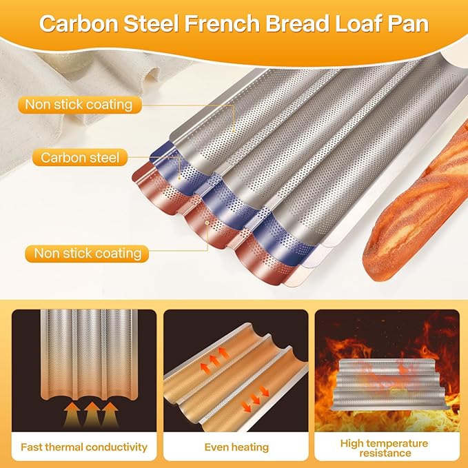Barlket Baguette Bread Pan, Perforated French Bread Pan, Nonstick Bread Pans for Baking, with Baguette Kit – Includes Proofing Cloth & Dough Cutter, 15x11 Inch Gold, 3 Loaf