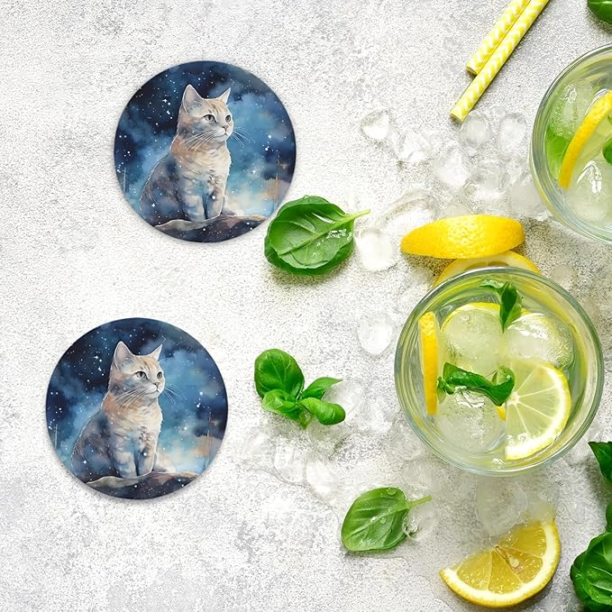 Round Coasters Set of 2, Starry White Cat Absorbent Ceramic Coaster with Cork Base, Bar Coasters for Drinks Coffee Mugs Tea Cups Wine Glasses Home Decor Gifts (4 inches)