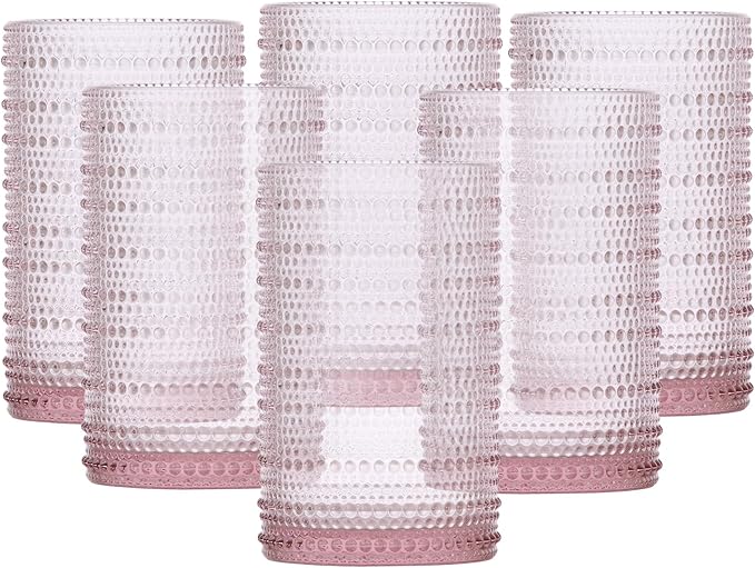 Fortessa Jupiter Beaded Hobnail Glass, 13 Ounce Iced Beverage (Set of 6), Pink