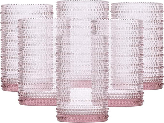 Fortessa Jupiter Beaded Hobnail Glass, 13 Ounce Iced Beverage (Set of 6), Pink