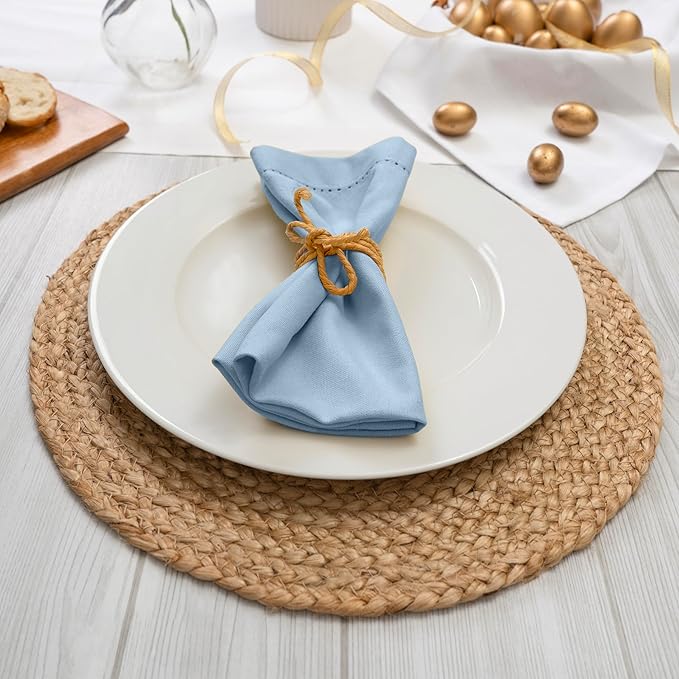 Blue Needles Set of 12 Hemstitch Linen Napkins 100% Cotton Ice Blue Cloth Dinner Napkins 18x18 inches, Soft, Reusable, Absorbent, Washable, Ideal for Wedding Events, Parties & Everyday Use