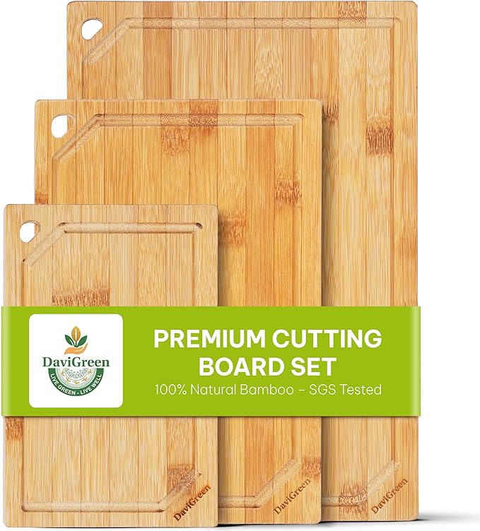 DaviGreen Bamboo Cutting Board Set of 3, 0.6-Inch Thick, Juice Groove, Hidden Handles, Reversible Bamboo Boards for Kitchen Prep & Serving