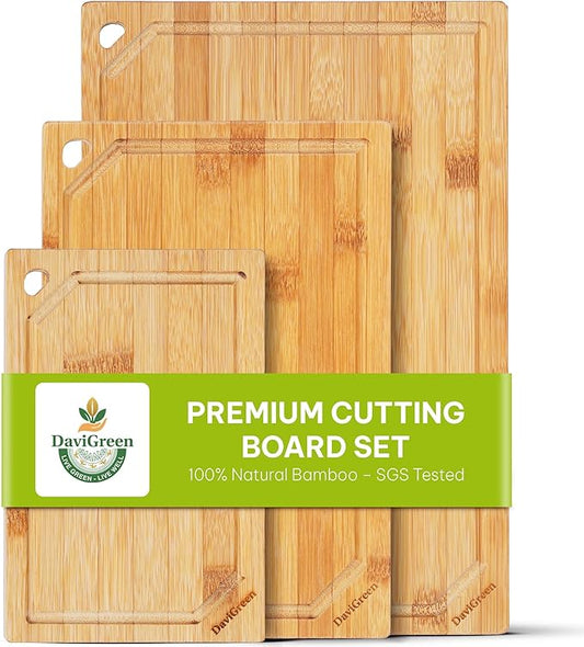 DaviGreen Bamboo Cutting Board Set of 3, 0.6-Inch Thick, Juice Groove, Hidden Handles, Reversible Bamboo Boards for Kitchen Prep & Serving