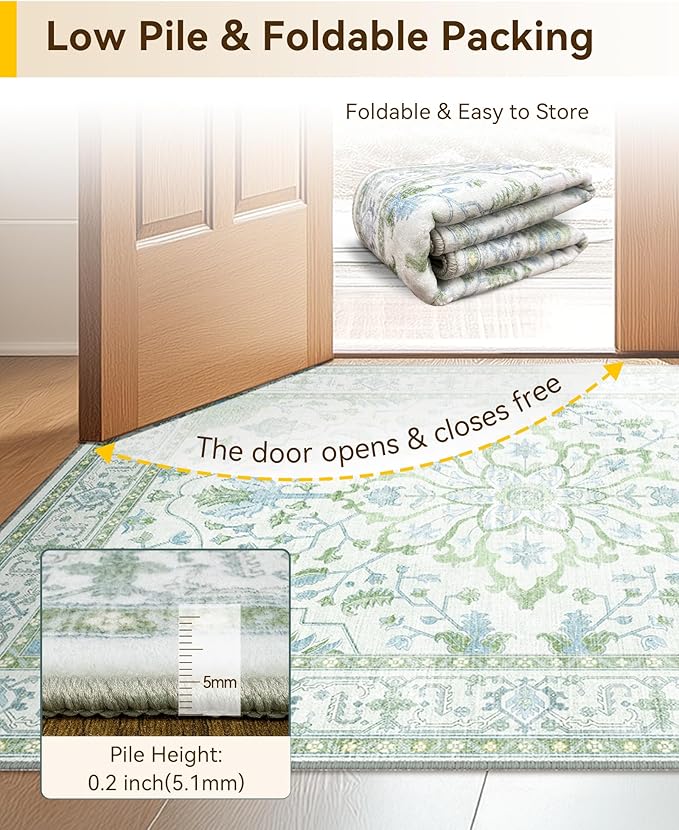 Area Rugs 5'x7' Washable Non-Slip, Floral Vintage Distress Print Pattern Medallion Carpet for Living Room Bedroom Dining Room, Green White Blue