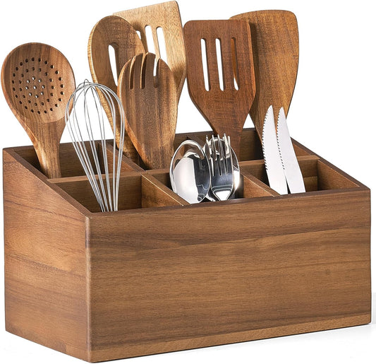 Wooden Utensil Holder Counter, Kitchen Utensil Organizer Large 6 Compartment Cooking Utensils Holder, Acacia Rustic Wood Farmhouse Storage Container Crocks for Silverware and Cooker Set Visit the ONEARF Store