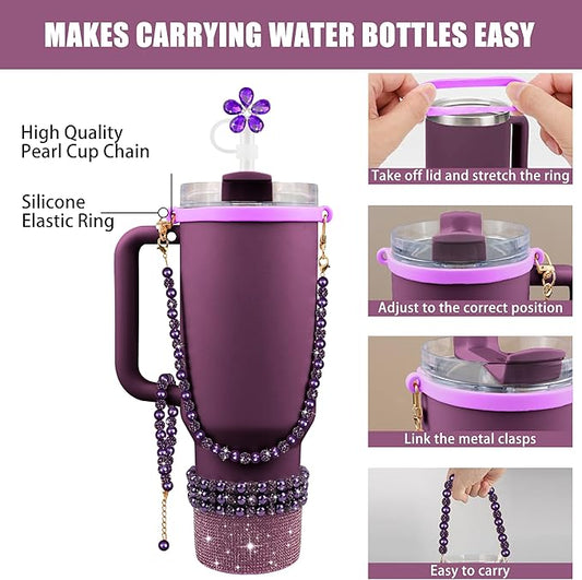 9PCS Dark Purple of Stanley Cup Accessories 30/40 OZ Bling Pearl Rhinestones Charms for Stanley Decorations Tumbler Accessories Including Flower Straw Topper, Rhinestones Boot 30/40 OZ