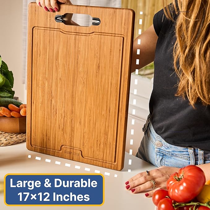 Sharp Chef Deep Carbonized Bamboo Cutting Board, Dual Sharpener – 17x12in Large Wood Cutting Board with Juice Groove, Dishwasher Safe, Giftable – Durable & Reversible Wooden Chopping Block for Kitchen