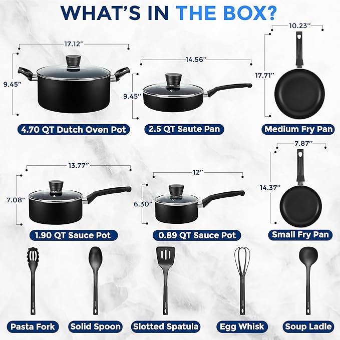 SereneLife Kitchenware Pots & Pans Basic Kitchen Cookware, Black Non-Stick Coating Inside, Heat Resistant Lacquer (15-Piece Set), One Size