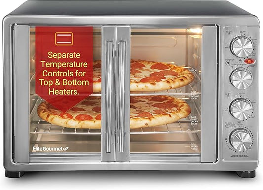 Elite Gourmet ETO4510B# French Door 47.5Qt, 18-Slice Convection Oven 4-Control Knobs, Bake Broil Toast Rotisserie Keep Warm, Includes 2 x 12" Pizza Racks, Stainless Steel