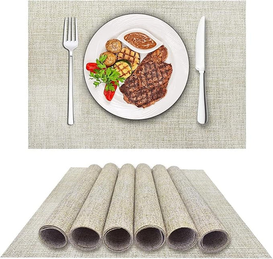 DACHUI Placemats Set of 4, Linen Look Woven Place Mats, Water Resistant, Heat Resistant, Washable, Durable Table Mats (Beige White)