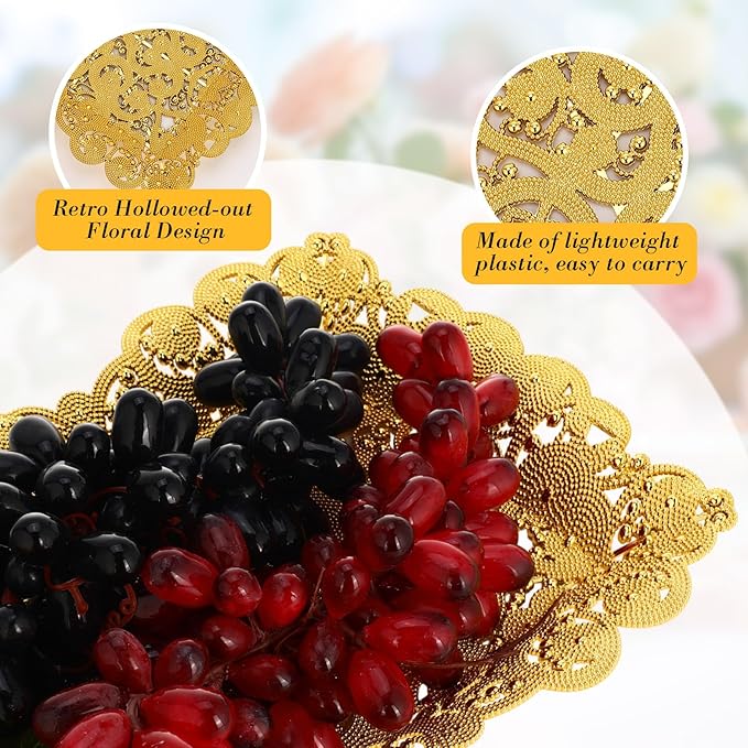 LemonRoad 10 Pcs Gold Plastic Serving Trays 16.1"x11" Decorative Hollow Lace Rectangle Platters Reusable Tea/Coffee/Dessert/Fruit Trays for New Year Holiday Wedding Birthday Party Table Decor