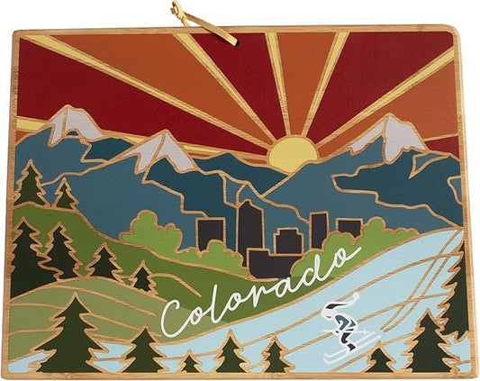 Totally Bamboo Colorado State Shaped Cutting Board and Charcuterie Serving Platter with Artwork by Summer Stokes, Includes Hang Tie for Wall Display 14-1/2" x 10-3/4" x 5/8"