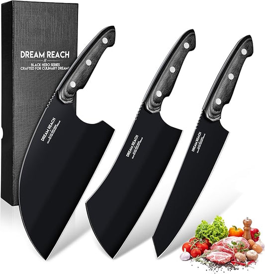 Dream Reach Butcher Knife Set - 3PCS Black Cleaver Knives Kit for Meat Cutting BBQ Outdoor Hand Forged Serbian Chef Cleaver for Mother Father Gift Idea