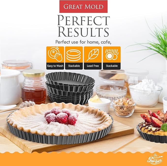 YUMTART Bundle Pack 9" and 4" Mini Tart and Quiche Pan Combo, False Bottom, Deep Fluted Tart and Quiche with Removable Bottom - Non-Stick