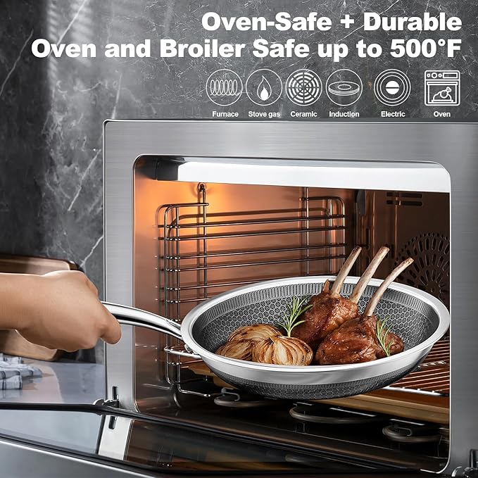 Fogdream 10“11” Non Stick Frying Pans, Stainless Steel Skillet with Lid, Tri-Ply Stainless Steel for All Cooktops, Dishwasher and Oven-Safe Cooking Pan, Stay-Cool Handle, Silver