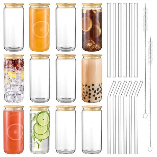 Glass Cups with Lids and Straws 20oz, 12psc Glass Drinking Set, Beer Can Cups with Bamboo Lids, Tumbler Cup with Straw for Ice Coffee, Cocktail, Whiskey, Soda Boba Tea -2 Cleaning Brushes.