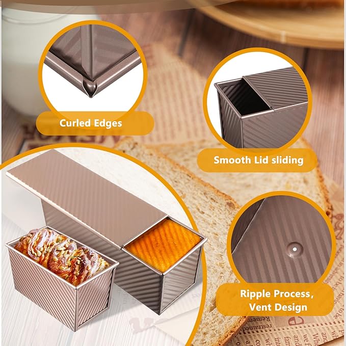 2Pcs Pullman Loaf Pan with Lid, 2 lb/1 lb Dough Capacity, Premium Sandwich Bread Loaf Pan with Lid, Carbon Steel Corrugated Bread Toast Box with Cover for Baking