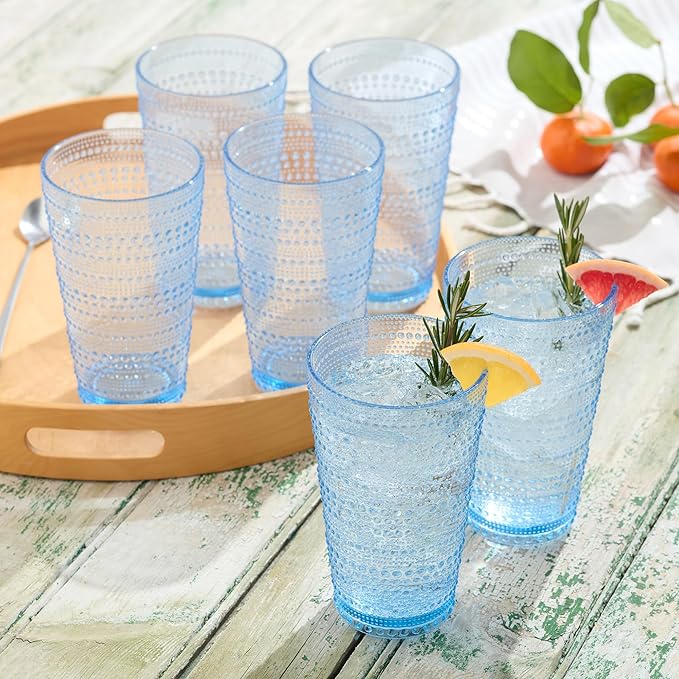 Santa Fe Blue Set of 6 Premium Acrylic Ice Tea Glass 22 oz – Unbreakable Drinkware with Textured Bubble Design, Shatterproof Tumblers for Indoor & Outdoor Use