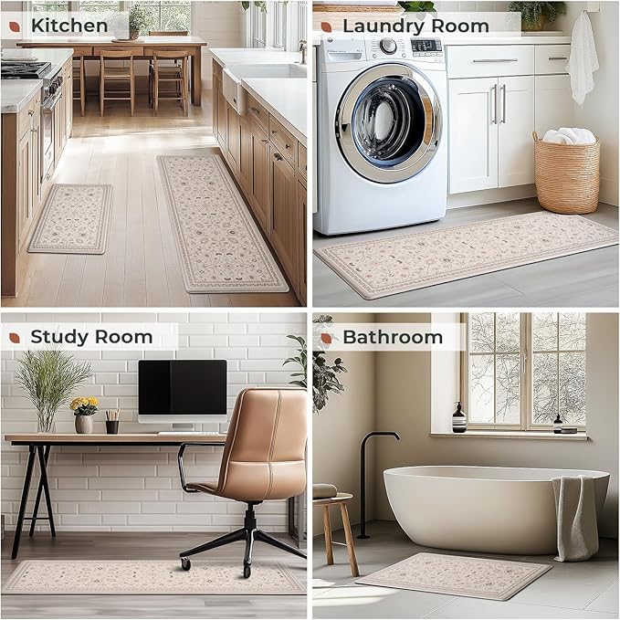 FRESHMINT Kitchen Mats for Floor 2 Piece Set, Waterproof & Non-Skid Vintage Floarl Kitchen Rugs, Cushioned Kitchen Floor Mat for Standing Washable Comfort Desk Kitchen Runners, 17x30''+17x47''