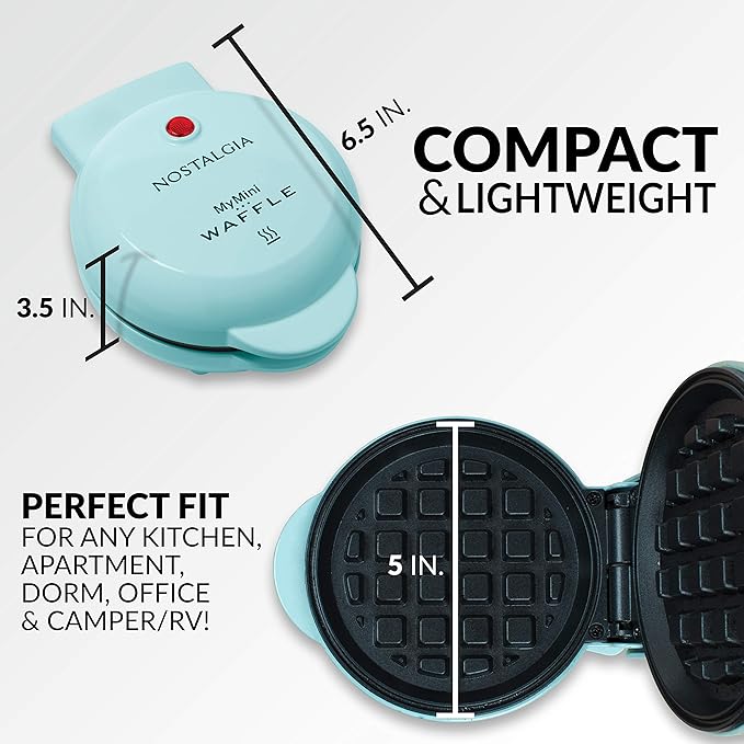 Nostalgia MyMini Personal Electric Waffle Maker, 5-Inch Cooking Surface, Waffle Iron for Hash Browns, French Toast, Grilled Cheese, Quesadilla, Brownies, Cookies, Aqua