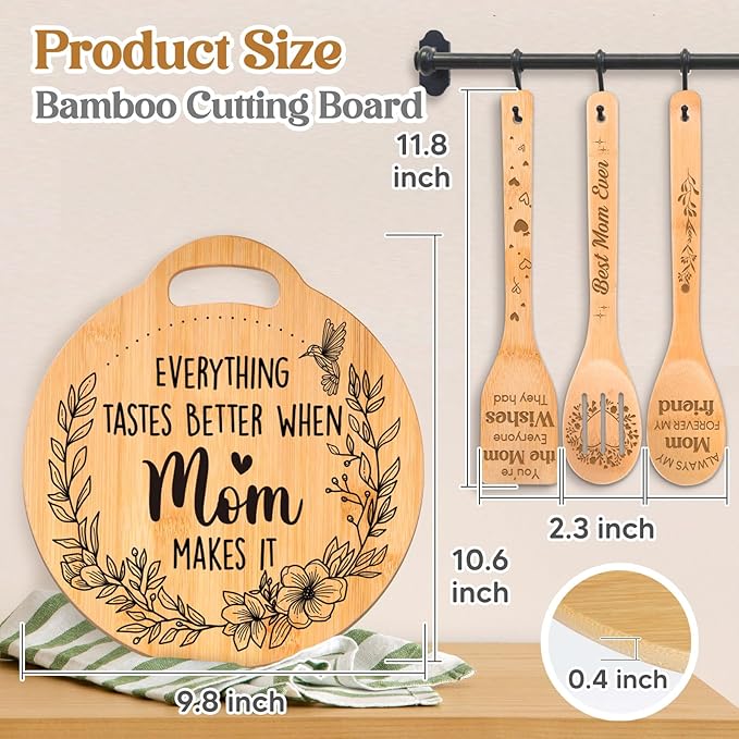Birthday Gifts for Mom - Cute Engraved Bamboo Cutting Board Set, Perfect Mom Birthday Gifts from Daughter/Son, Mothers Day Christmas Birthday Gifts for Mom Mother, Home and Kitchen Decor