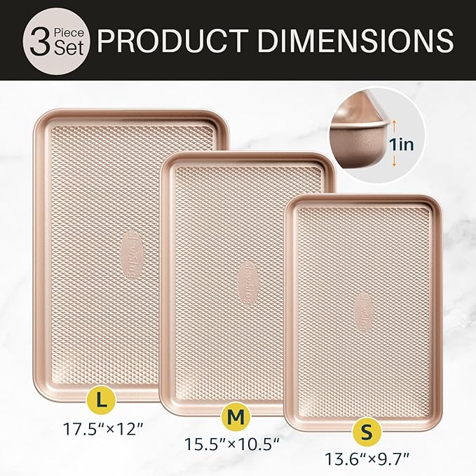 Slow Slog 3Pcs Baking Sheet Pan Set, Large Nonstick Cookie Sheets Set, Jelly Roll Pans, Heavy Duty Carbon Steel Cookies Sheet for Oven, Diamond Texture, Gold