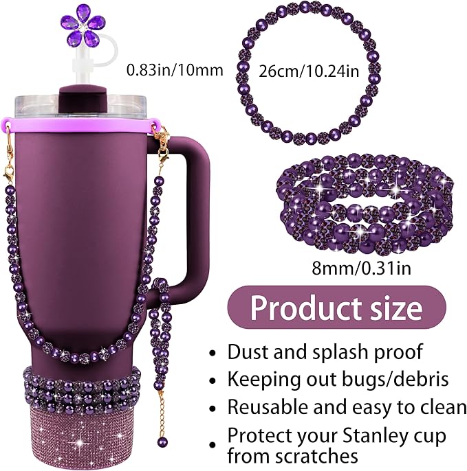 9PCS Dark Purple of Stanley Cup Accessories 30/40 OZ Bling Pearl Rhinestones Charms for Stanley Decorations Tumbler Accessories Including Flower Straw Topper, Rhinestones Boot 30/40 OZ