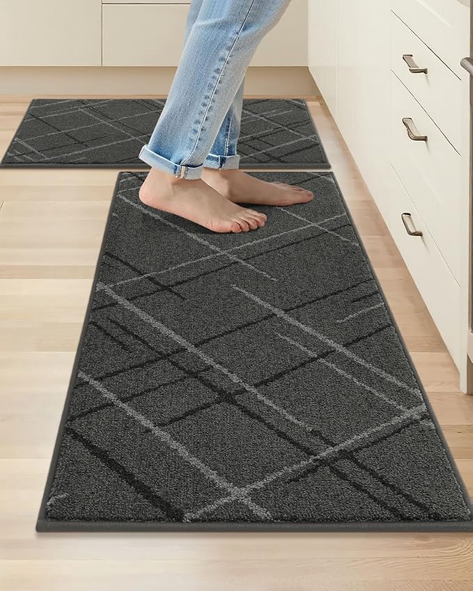 COSY HOMEER Kitchen Mats, 2 PCS Kitchen Rug Non Slip Washable, Absorbent Runner Rugs for Kitchen Floor, Polyester Kitchen Sink Rug 24"x36" + 24"x60"(Grey)