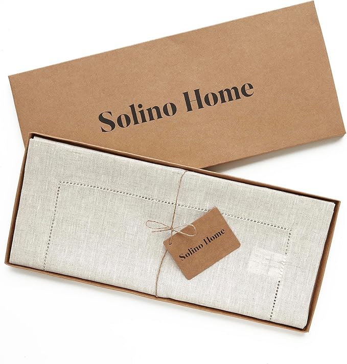 Solino Home Linen Table Runner 108 Inches Long - Classic Hemstitch 100% Pure Linen Light Natural Dining Table Runner 14 x 108 Inch for Spring, Easter