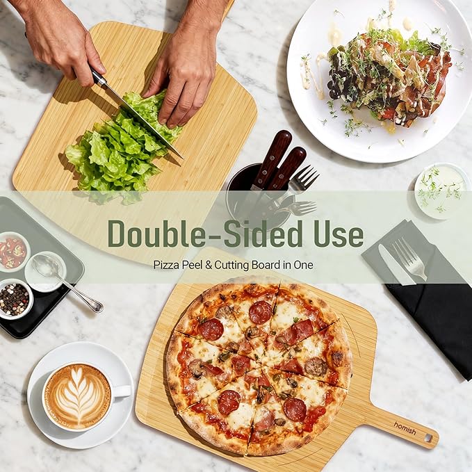 Bamboo Pizza Peel with Size Markings – 10”, 12”, 14 inch Wood Pizza Paddle Turner with Easy-Grip Handle for Sliding in Oven | Non Stick Board for Homemade Baking, Serving, Cutting Bread & Pastries