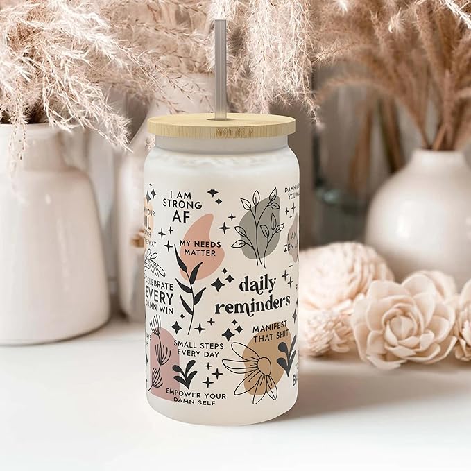 Daily Affirmation Iced Coffee Cup [Frosted], Glass Cups with Bamboo Lids and Straws | 16 oz Mason Jar Drinking Glasses & Boba Cup | Glass Tumbler with Straw and Lid Mental Health [Vulgar Edition]