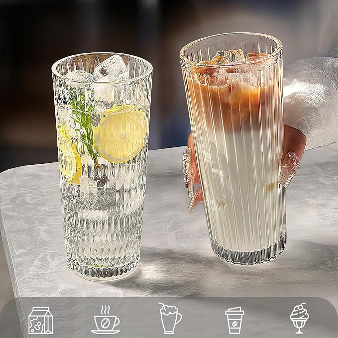 Puraville 4 Pack 18oz Glass Cups with Lids and Straws, Vintage Pattern Thickened Glassware for Whiskey Cocktail Beer, Mason Jar Drinking Glasses Tumbler Iced Coffee Cup, Clear