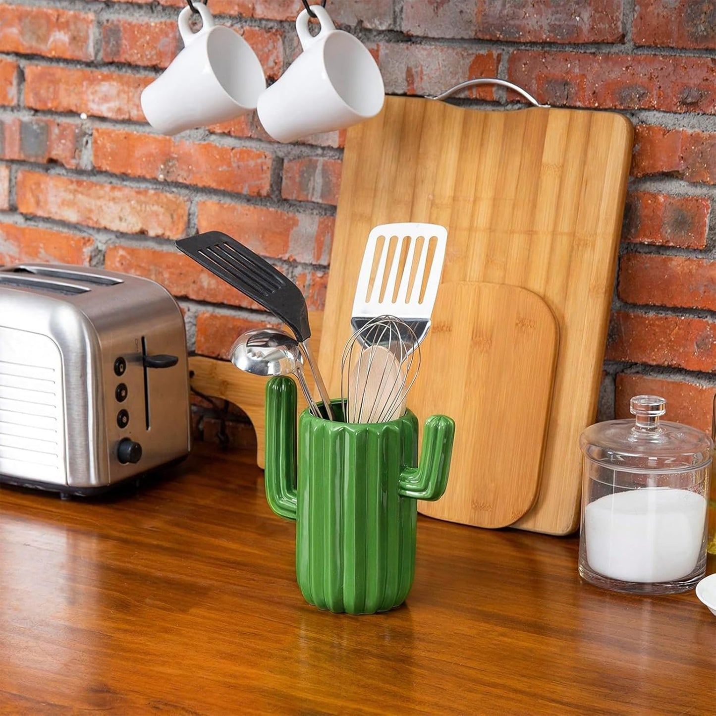 MyGift Ceramic Cactus Utensil Holder, Southwestern Green Countertop Crock – Durable Kitchen Organizer for Spoons, Paintbrushes, Desert & Cactus Home Decor