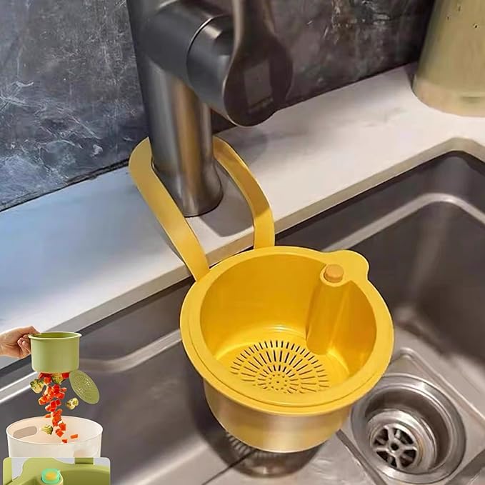yanxiao Sink Strainer Basket - Multifunction Hanging Sink Colander Drain Basket, Upgrade Quick Draining Kitchen Tool with Bottom Release for Mess-Free Hands-Free Cleanup (Yellow)