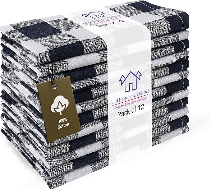 LFH Home 100% Cotton Cloth Reusable Dinner Napkins Set of 12 Washable Soft Decorative Buffalo Plaid Gingham and Checkered Table Napkins for Holidays Wedding Farmhouse Decor 18x18 Inch-Navy Blue&White