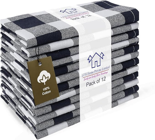 LFH Home 100% Cotton Cloth Reusable Dinner Napkins Set of 12 Washable Soft Decorative Buffalo Plaid Gingham and Checkered Table Napkins for Holidays Wedding Farmhouse Decor 18x18 Inch-Navy Blue&White