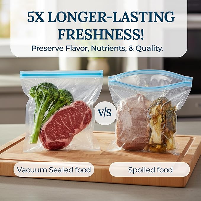Food Vacuum Sealer Bags – 15 Pack Reusable Bags with Leakproof Zip Seal & Air Valve – Microwave, Freezer & Reusable Sous Vide (Large)