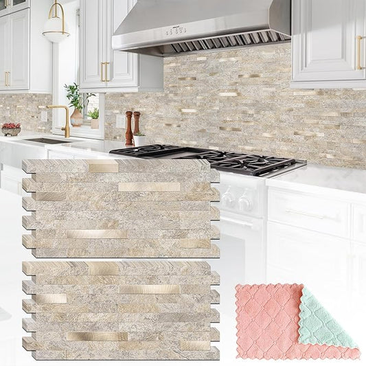 20 Sheets Peel and Stick Backsplash, Dark Beige with Metal Gold Look PVC Wall Tiles Upgrade Your Kitchen Backsplash, RV, Fireplace