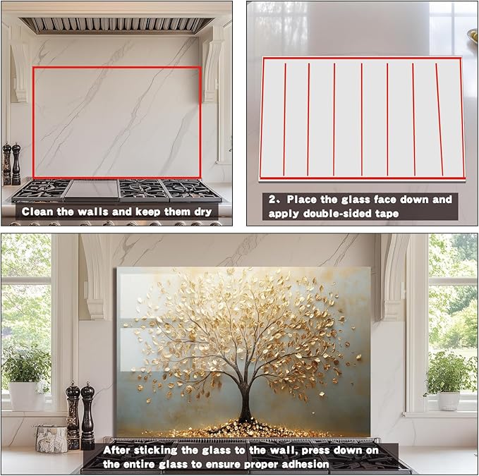 Evgosm Tempered Glass Backsplash for Kitchen, Tree of Life Stove Splashback, Glass Backsplash, Used for Kitchen Wall Protection and Decoration, Easy to Install and Clean. (30x18'')